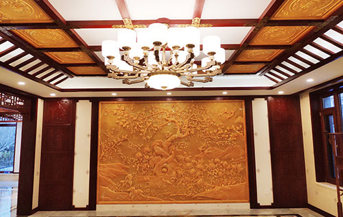 镇海中式别墅客厅中式木作横梁吊顶装饰展示